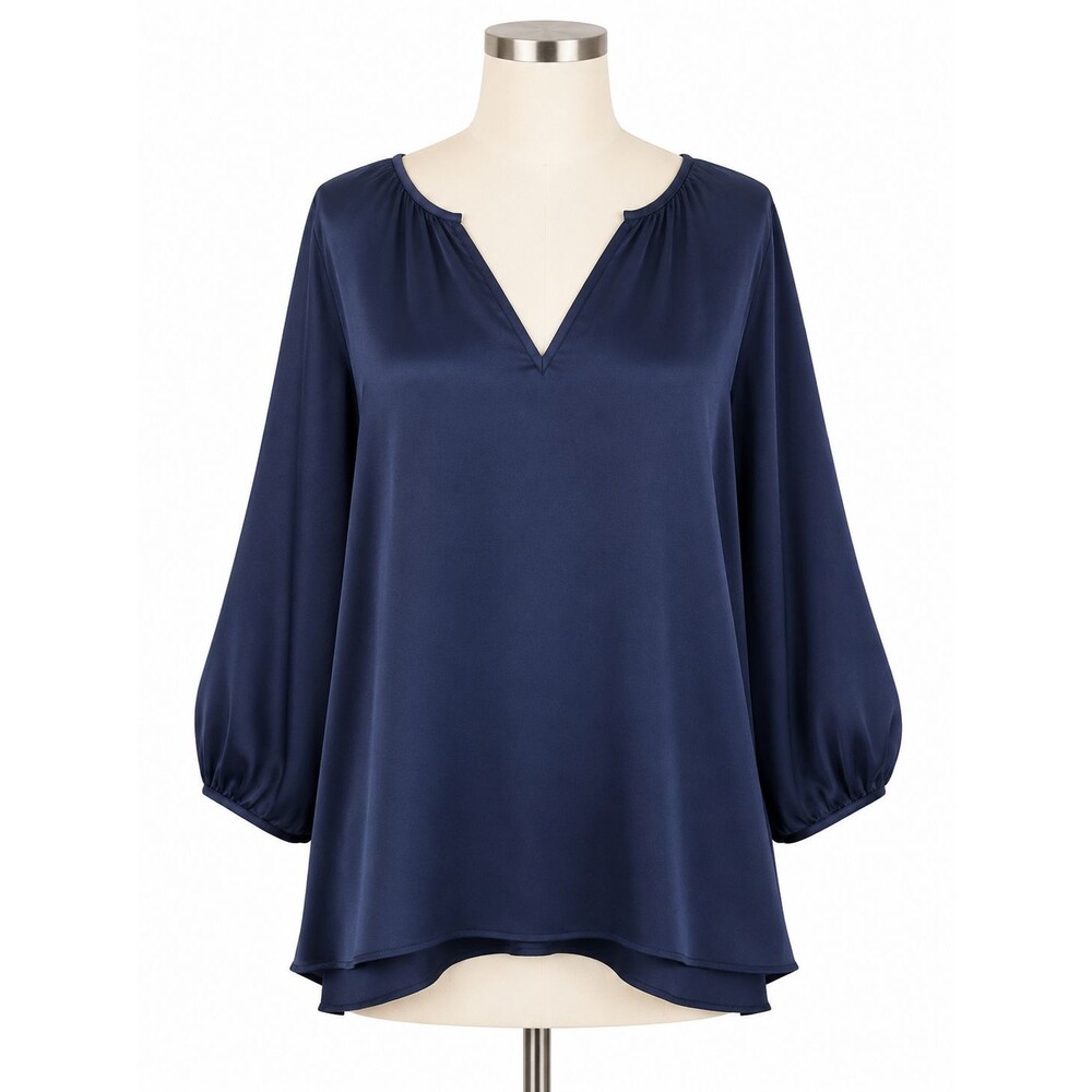 Acrobat 100% Silk Top Size Medium Dolman Sleeve V-Neck Navy Blue Blouse